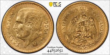 1906-M 5 Peso KM-464  Au AU53