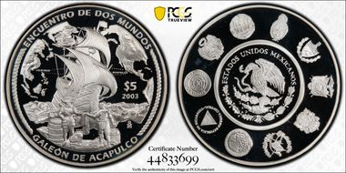 2003-Mo 5 Peso Galeon de Acapulco KM-678  Ag PR69DCAM