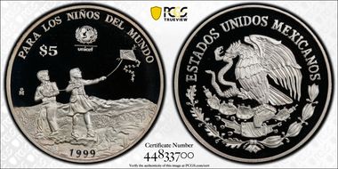 1999-Mo 5 Peso UNICEF KM-640  Ag PR69DCAM