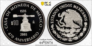 2005-Mo 10 Peso 470th Ann. Mint KM-768  Ag PR69DCAM