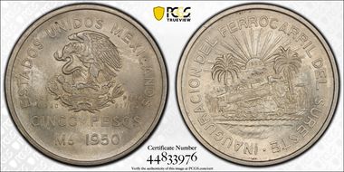 1950-Mo 5 Peso Southeastern Railroad KM-466  Ag MS65