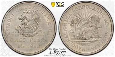 1950-Mo 5 Peso Southeastern Railroad KM-466  Ag N1