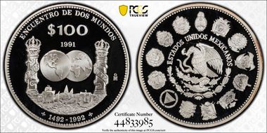 1991-Mo 100 P Encounter of Two Worlds Discovery of America PR68DCAM