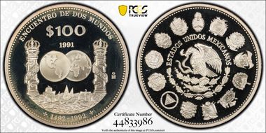 1991-Mo 100 P Encounter of Two Worlds Discovery of America PR67DCAM