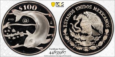 1992-Mo 100 P Vaquita Porpoise KM-566  Ag PR66DCAM