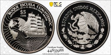 1999-Mo 5 Peso Navy School Centennial Cuauhtemoc KM-635 Ag PR67DCAM
