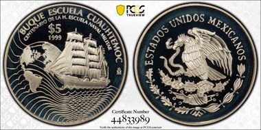 1999-Mo 5 Peso Navy School Centennial Cuauhtemoc KM-635 Ag PR68DCAM