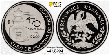 2005-Mo Medal 470th Ann. Mexico Mint Ag PR69DCAM