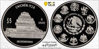 (2011)-Mo 5 Peso Chichen Itza KM-947 La Iglesia PR69DCAM