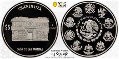 (2011)-Mo 5 Peso Chichen Itza KM-945 Casa de las Monjas PR69DCAM