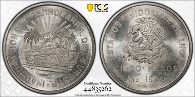 1950-Mo 5 Peso Southeastern Railroad KM-466  Ag MS65