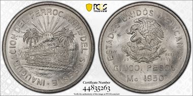 1950-Mo 5 Peso Southeastern Railroad KM-466  Ag MS66