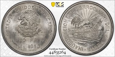 1950-Mo 5 Peso Southeastern Railroad KM-466  Ag MS66