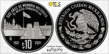 2021-Mo 10 Peso Fall of Tenochtitlan 500th Ann. PR69DCAM