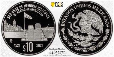 2021-Mo 10 Peso Fall of Tenochtitlan 500th Ann. PR69DCAM