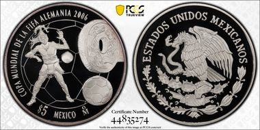 2006-Mo 5 Peso FIFA World Cup KM-770 Ag PR70DCAM