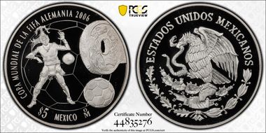 2006-Mo 5 Peso FIFA World Cup KM-770 Ag PR70DCAM