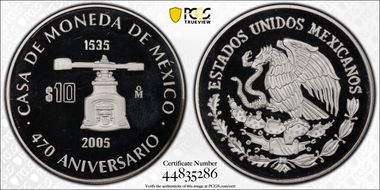 2005-Mo 10 Peso 470th Ann. Mint KM-768  Ag PR68DCAM