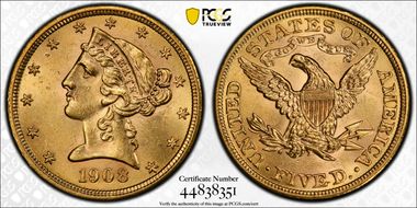 1908 $5 Liberty MS62