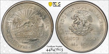 1950-Mo 5 Peso Southeastern Railroad KM-466  Ag MS66
