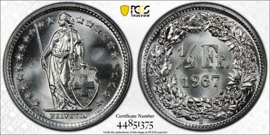 1967 B 1/2 Fr KM-23 Ag MS68