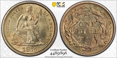 1875-CC 10C Mintmark Above Bow MS63