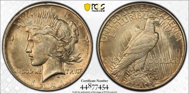 1921 $1 High Relief, Peace AU58