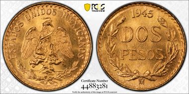 1945-Mo 2 Peso KM-461  Au MS66
