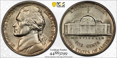 1945-P 5C Doubled Die Reverse MS62