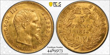 1856-A 5 Fr Gad-1001 F-179 Or MS62