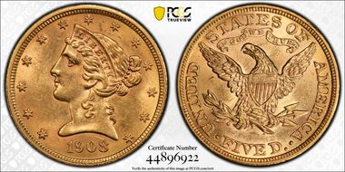 1908 $5 Liberty MS62