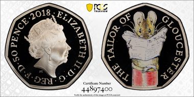 2018 50p S-H47 Tailor of Gloucester Ag Beatrix Potter Colorized PR69DCAM