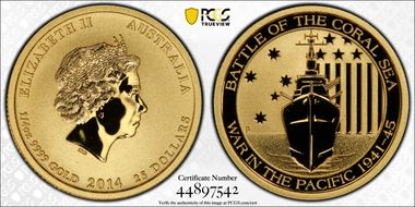 2014-P $25 Battle of the Coral Sea 1/4oz Au MS70