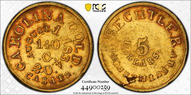(1834-37) $5 C. Bechtler, No C, No Star XF45