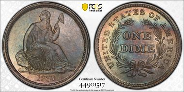 1837 10C Seated, Large Date MS65