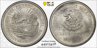 1950-Mo 5 Peso Southeastern Railroad KM-466  Ag MS66