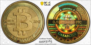 2013 .5 BTC Casascius Bitcoin, Brass MS64