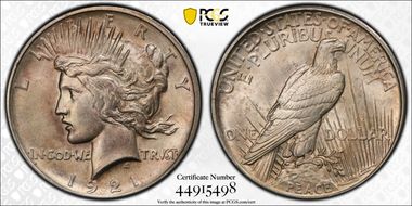 1921 $1 High Relief, Peace MS64