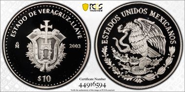 2003-Mo 10 Peso Veracruz-Llave KM-681  Ag PR69DCAM