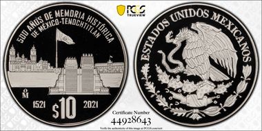 2021-Mo 10 Peso Fall of Tenochtitlan 500th Ann. PR69DCAM