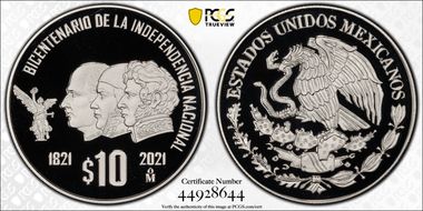 2021-Mo 10 Peso Independence Bicentenary PR70DCAM