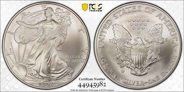2006-W $1 Burnished Silver Eagle 20th Anniversary SP70