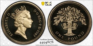 1987 £1 S-J5 English Design Ni-Brass PR70DCAM