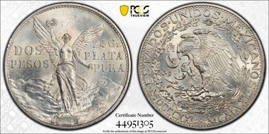 1921-Mo 2 Peso Centennial, 9 Tail F. KM-462  Ag MS63