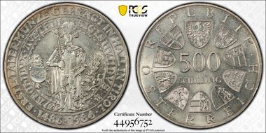 1986 500 Sch 1st Thaler - Hall Mint MS67