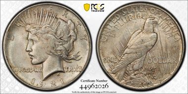 1921 $1 High Relief, Peace N1