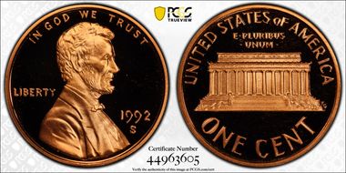 1992-S 1C PR70DCAM