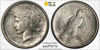 1921 $1 High Relief, Peace AU58