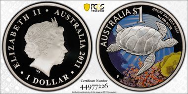 2011-P $1 Great Barrier Reef Green Sea Turtle Colorized PR70DCAM