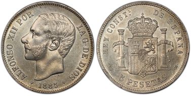 1885-MS M 5 Pta (1887) AU58
